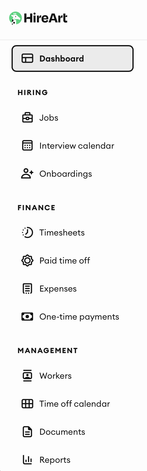 Sidebar from the new HireArt design